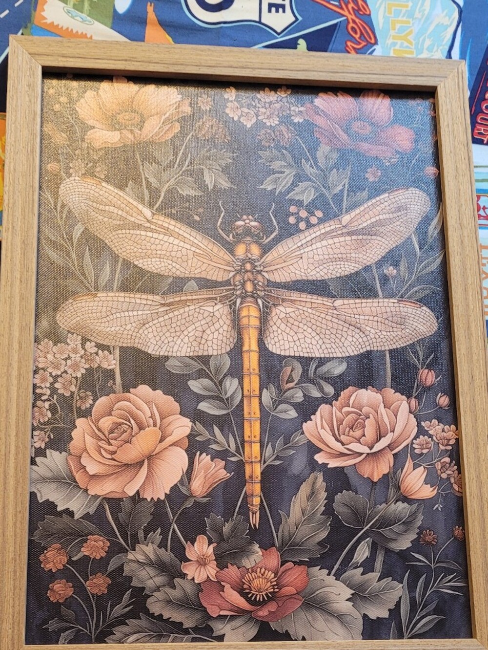 Framed Dragonfly Floral Wall Art - Peach & Gold Tones